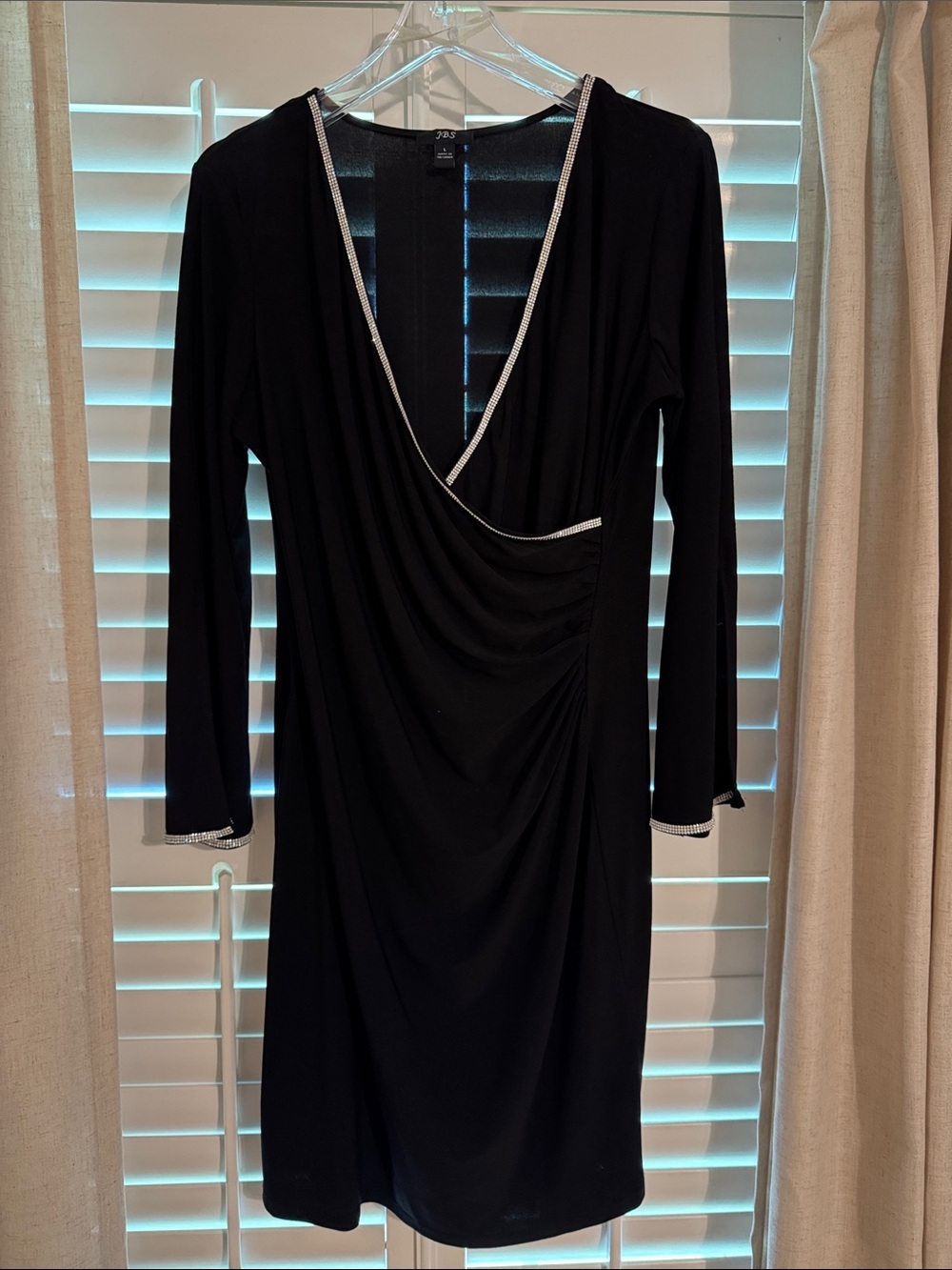 J.B.S. Black Long Sleeve Wrap Dress with Silver Trim Accents